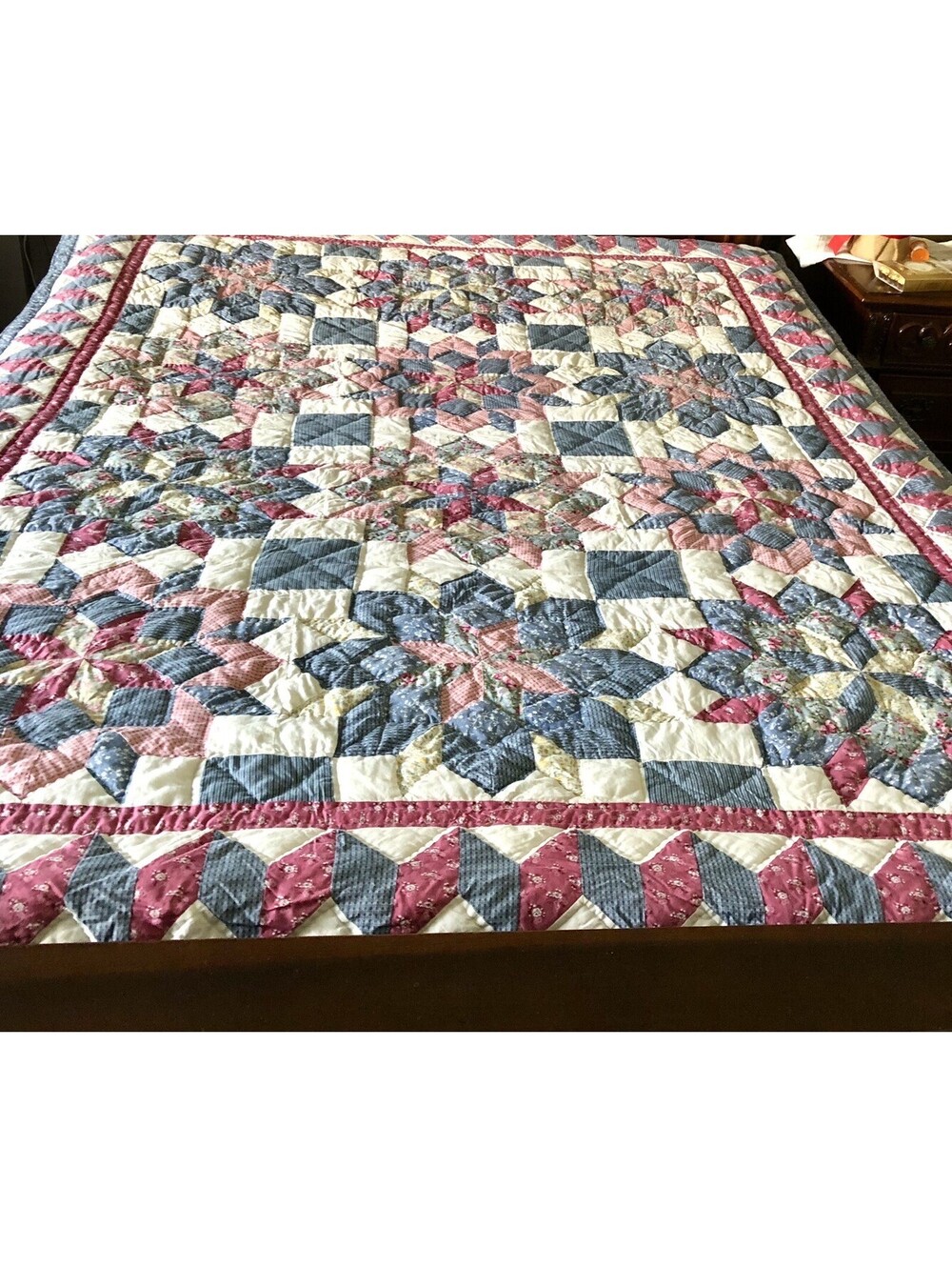 Vtg Blue Pink Multicolor Flower Geometric Quilted Patchwork Blanket 82” x 67”